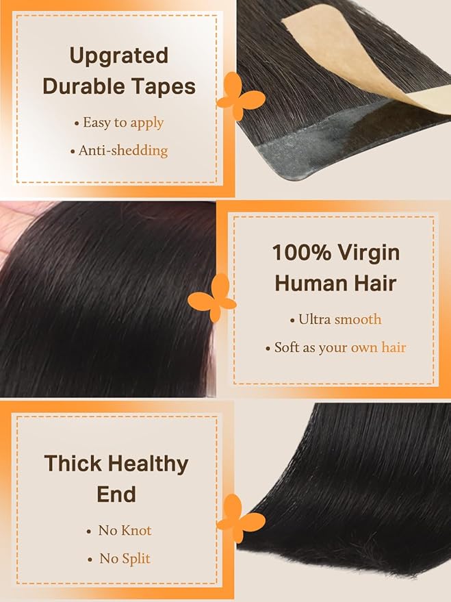 DOORES Tape in Extensions Human Hair Natural Black 24 Inch 20pcs 50g Human Hair Extensions Tape in Real Skin Weft Straight Natural Hair Extensions