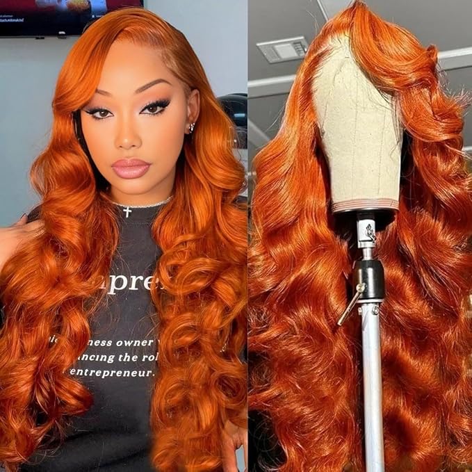 40 Inch Ginger Orange 13x6 Body Wave Lace Front Wigs Human Hair 200% Density Glueless HD Transparent Lace Frontal Wigs Human Hair Pre Plucked With Baby Hair Ginger For Women