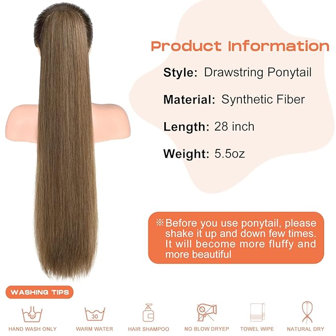 SEIKEA 28" Ponytail Extensions Drawstring Long Straight Fake Pony Tail Natural Soft Clip in Hair Extension Synthetic Heat Resistant Hairpiece - Ash Blonde with Golden Blonde