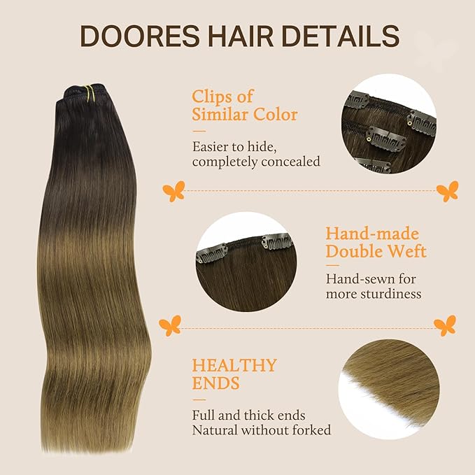 DOORES Clip in Hair Extensions Real Human Hair, Chocolate Dip Color Melt 20 Inch 7pcs 120g, Remy Hair Extensions Straight Extensions Human Hair Natural Thick Hair