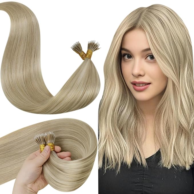 LaaVoo Nano Bead Hair Extensions Human Hair Ash Blonde Highlight Blonde Nano Hair Extensions Human Hair Highlight 50g 50s 14 Inch
