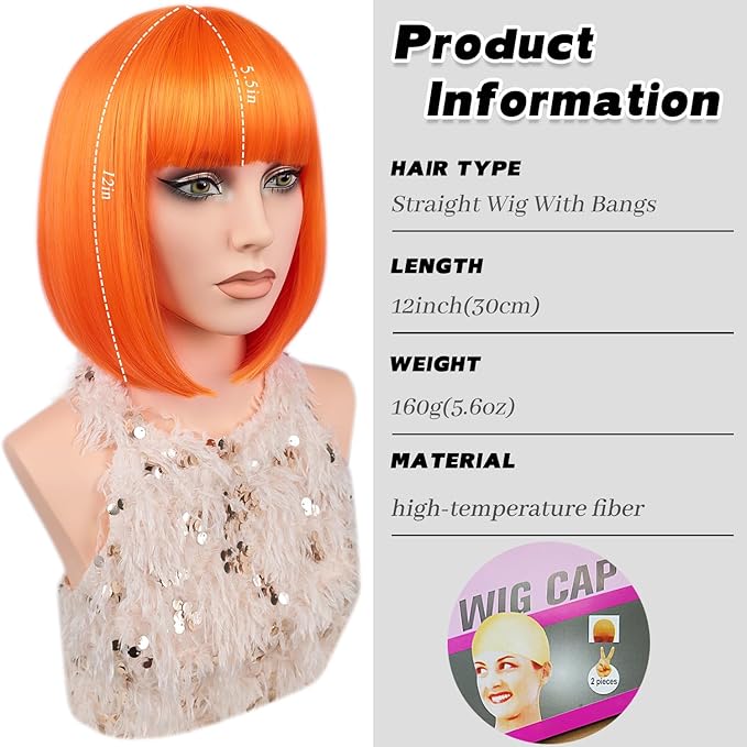 MAYSA Orange Bob Wig with Bangs for Women Short Straight Bob Wigs 12in Synthetic Cosplay Halloween Party Neon Wigs # Orange