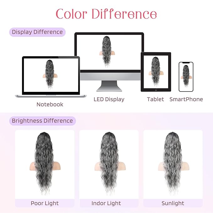 HOOJIH Ponytail Extension, Drawstring Ponytail Hair Extensions 26 Inch Long Curly Wavy Ponytail Natural Wavy Synthetic Hairpiece for Women Daily Use - Ombre Gray