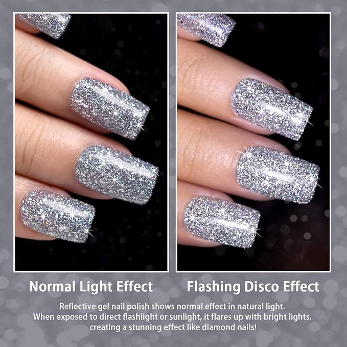 RARJSM Reflective Glitter Gel Polish Bright Silver Pigments 7.5ml Holographic Rainbow Iridescent Shimmer L E D U V Soak Off Sparkle Diamond Gel Polish Nail Art Manicure Salon DIY at Home 1pcs