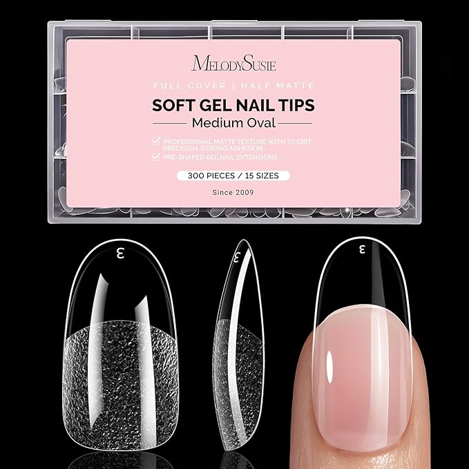 MelodySusie Medium Oval Round X Nail Tips - 300Pcs 15Sizes Clear Acrylic,Half Matte Full Cover Press on Nails for DIY Extension & Salon Use, Pre-Shaped for Long-Lasting Manicure