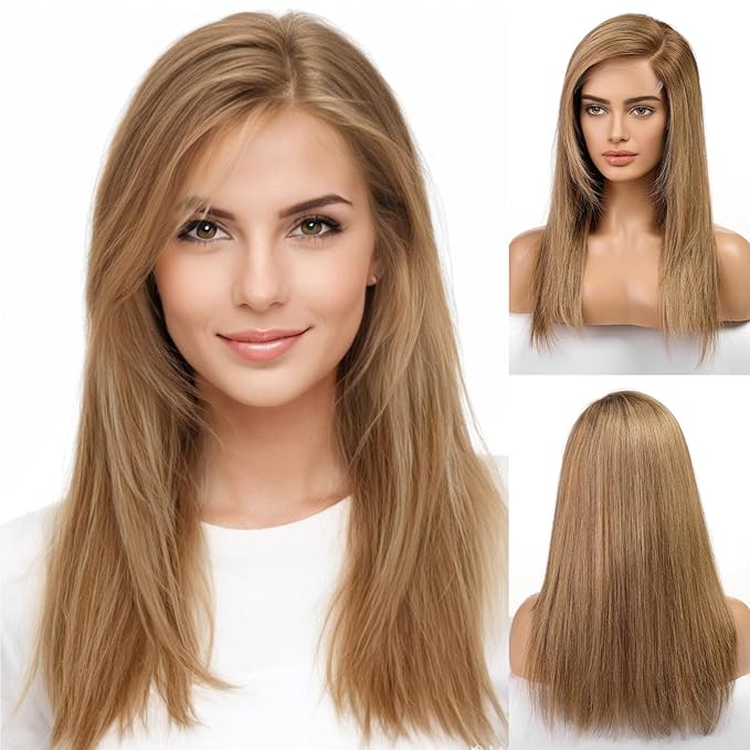 KKU 18 Inch Brown and Gold Ombre Human Hair Wigs for Women,Layered Straight Hair Wig with Bangs,Wear Natural Realism
