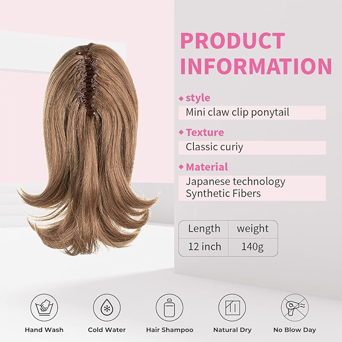 Ponytail Hair Extensions, 12 Inch Claw Clip Ponytail Hair Extensions for Women, Chin Clip Wigs, Soft Synthetic Wigs-Brown Blonde