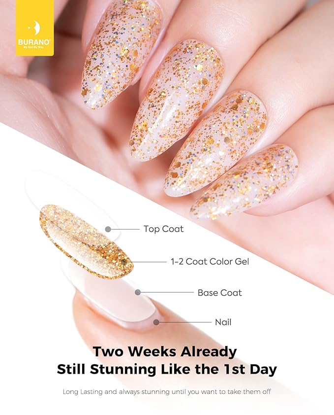 BURANO Glitter Gel Nail Polish, LED UV Nail Gel Shimmer Holographic Effect Soak off Gel Curing Required, No Chip Gel Polish Sparkle Gel Home DIY Nail Salon (Gold LP3)