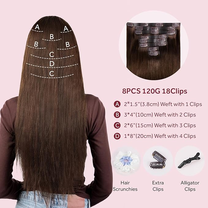 Clip in Hair Extensions Real Human Hair Chocolate Brown Seamless Clip In 100% Straight Remy Hair Extensions PU Skin Weft Add Volume for Women #4A 20Inch 120G 8PCS