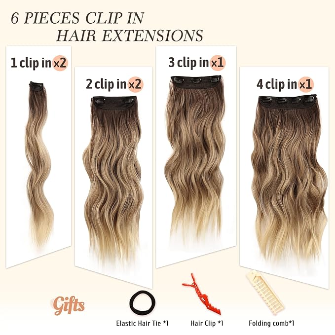 NAYOO Clip in Hair Extensions for Women 20 Inch Long Wavy Curly Ombre Brown to Blonde Hairpieces Full Head Synthetic Hair Hairpieces(6PCS,Ombre Brown to Blonde)