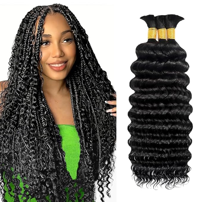 34 34 34 Inch Human Braiding Hair for Boho Braids 150g 3 Bundles/Pack Deep Wave Bundles Human Hair for Braiding Wet and Wavy Natural Color