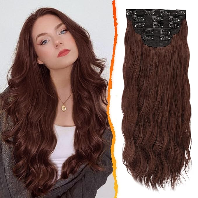 BARSDAR Chestnut Clip in Hair Extensions - 20 Inch Soft Wavy Clip in Hair Extensions for Women - 5PCs Thick Soft Synthetic Natural Looking Hairpieces Daily Party Halloween - Copper Chestnut