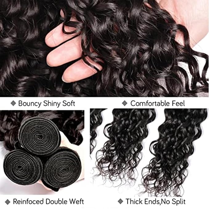 Water Wave Bundles 100% Unprocessed Human Hair Extensions, Natural Black, 24 Inch
