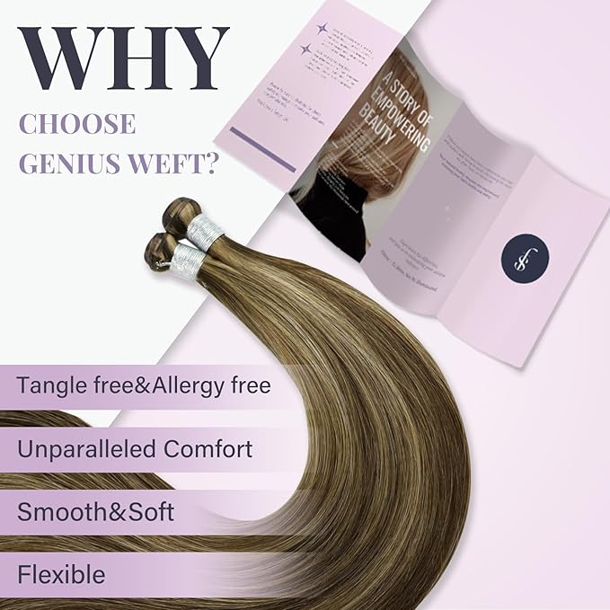Fshine Hand Tied Human Hair Genius Weft Highlight Genius Weft Color Ash Blonde and Golden Blonde Sew in Remy Human Weave Natural 24 Inch 60g