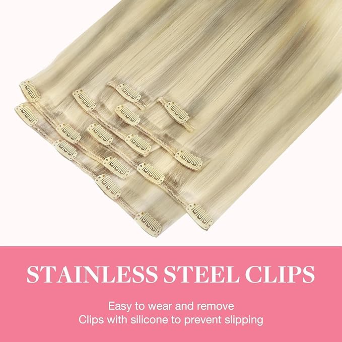 GOO GOO Clip in Hair Extensions Real Human Hair, Remy Human Hair Extensions Clip ins for Women, Natural Human Hair, 22 Inch 170g 7Pcs, 17/22/60 Balayage Ash Blonde to Golden Blonde and Platinum Blonde