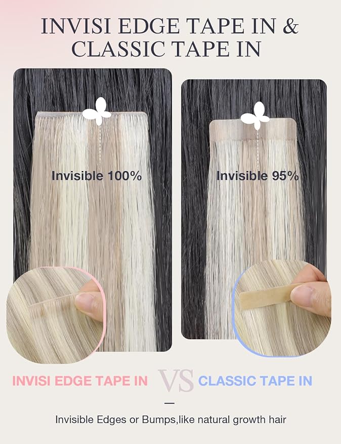 DOORES Invisi Edge Tape in Hair Extensions, Ash Blonde Highlighted Platinum Blonde 10 Injection Tape-ins with 10 Classic Tape-ins 50g 20 Inch, Virgin Human Hair Extensions