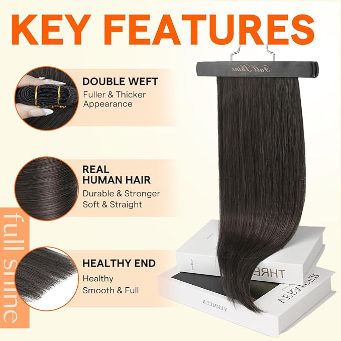 Full Shine Weft Hair Extensions Human Hair Sew In Extensions Real Human Hair Color #1C Mocha Brown Invisible Weft Extensions For Women 18 Inch 105G