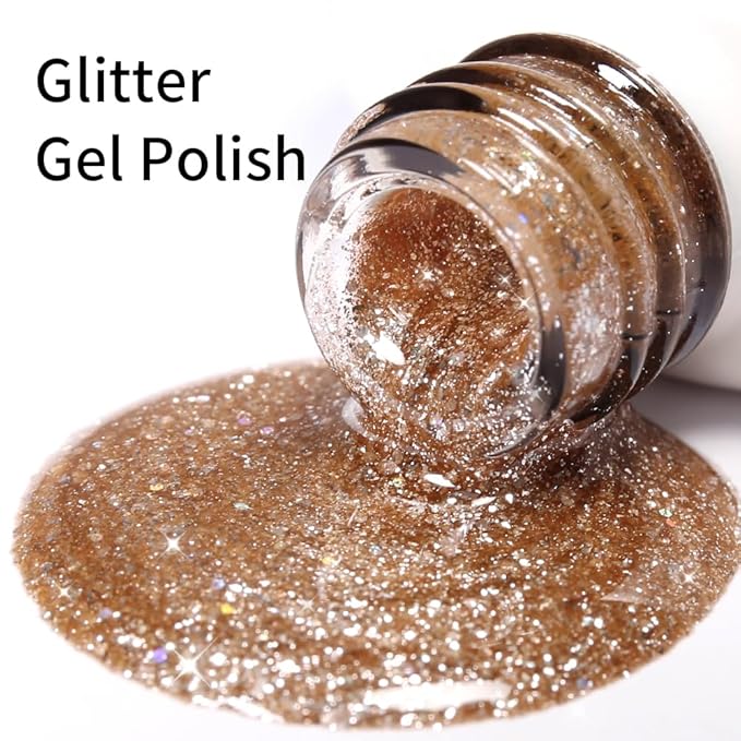 Champagne Gold Gel Polish Glitter Hema Free 0.34 OZ Same Color Same Top Cover Gold Reflective Sparkle UV Polish Christmas Manicure Art DIY