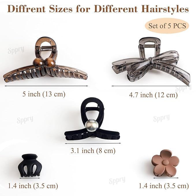 Classic Assorted Hair Claw Clips for Women Thick/Thin Hair, Set of 5, Brown & Black (02)