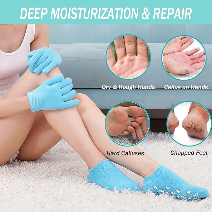 Moisturizing Gloves and Socks, Gel Spa Moisturizing Therapy Sock ＆ Glove, Overnight Gloves for Dry Hands, Repair and Soften Aging, Hand and Feet Care for Chapped and Dry Skin