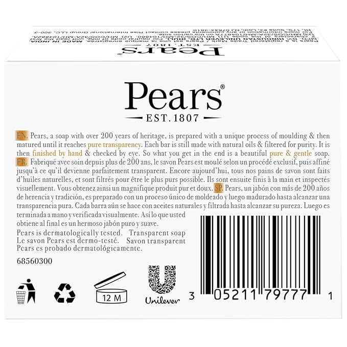 Pears Soap, Pure & Gentle with Natural Oils, 2-Pack – Transparent Amber Glycerin Soap for Pampered, Glowing Skin, 3.53 Oz Ea