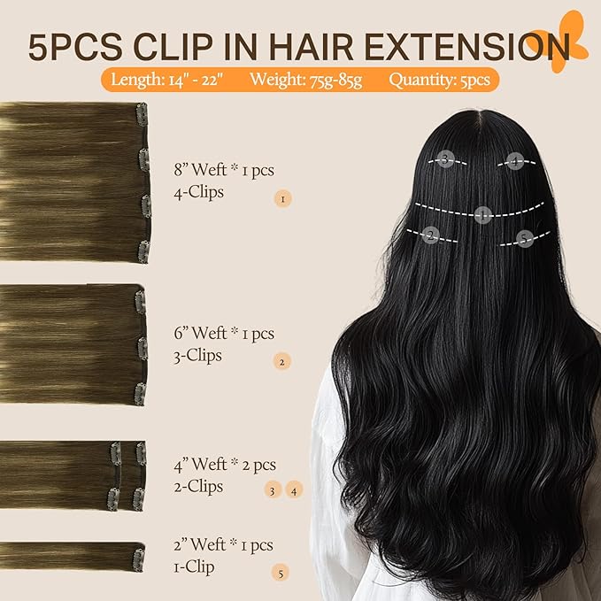 DOORES Clip in Human Hair Extensions, 5pcs 85g Balayage Walnut Brown to Ash Brown and Bleach Blonde 22 Inch Real Human Hair Extensions Clip in Remy Extensions