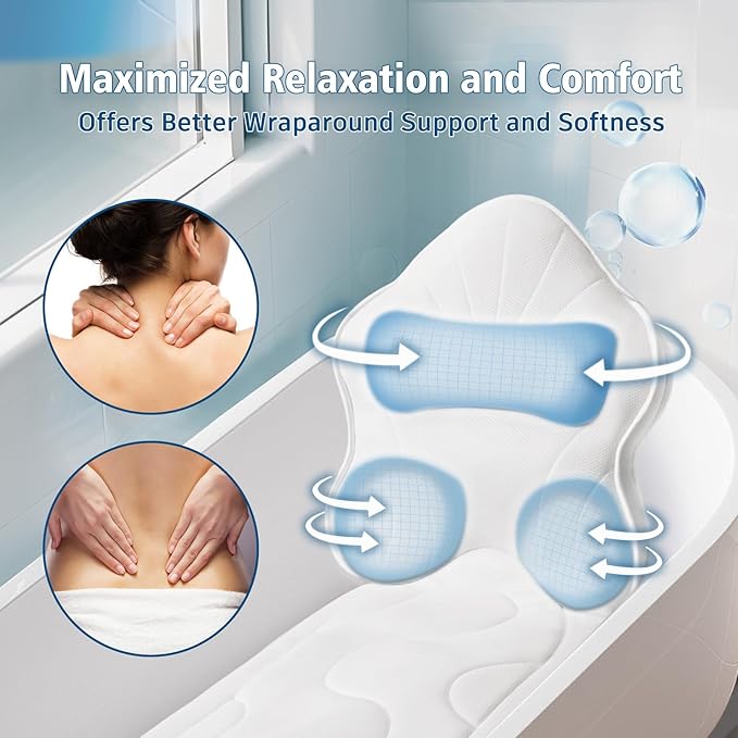 Luxury Thick Full Body Bath Pillows Mat & Cushion for Bathtub Headrest Neck Shoulder Support Comfort Relaxation Spa Accessories Perfect for a Spa Soak in Bathtub (White)