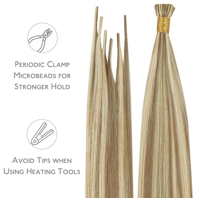 WENNALIFE I Tip Hair Extensions Human Hair, 50g 50s 24 Inch Ash Brown with Platinum Blonde Highlights Remy Itip Human Hair Extensions Invisible Itips Straight I Tips Fusion Extensions Real Human Hair