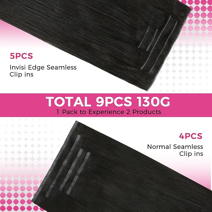 Lashey Invisi Edge & Seamless Clip in Hair Extensions Human Hair, 18 Inch 130g 9pcs(5pcs Invisi Edge& 4pcs Seamless) Real Virgin Human Hair Extensions, Natural Black Straight Hair
