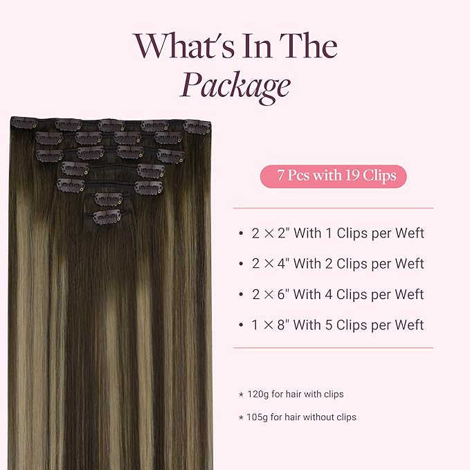 GOO GOO Clip in Hair Extensions Real Human Hair, Remy Human Hair Extensions Clip ins for Women, Natural Human Hair, 26inch 135g 7Pcs, 4/26/4 Balayage Chocolate Brown to Honey Blonde