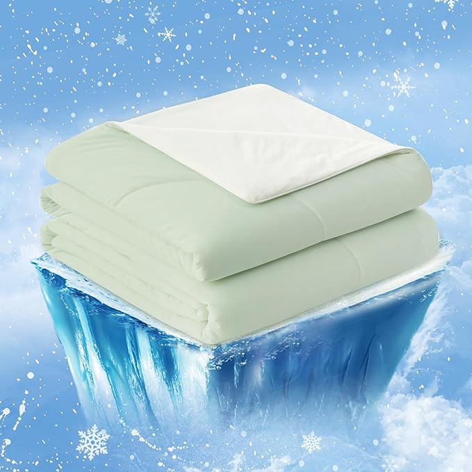 Cozy Bliss Cooling Comforter Twin Size, Cooling Blankets for Hot Sleepers and Night Sweats, Light Mint Green Cream Summer Comforter for Twin Size Bed, Breathable Soft Lightweight Silk Smooth