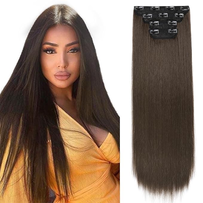 REECHO 28" Straight Super Long 4 PCS Set Thick Clip in on Hair Extensions Medium Ash Brown
