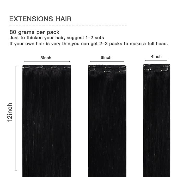Hair Extensions Clip in Human Hair 12 Inch 80g 5pcs Natural Black Long Straight Remy Extensions Real Human Hair for Women Clip in Hair Extensions