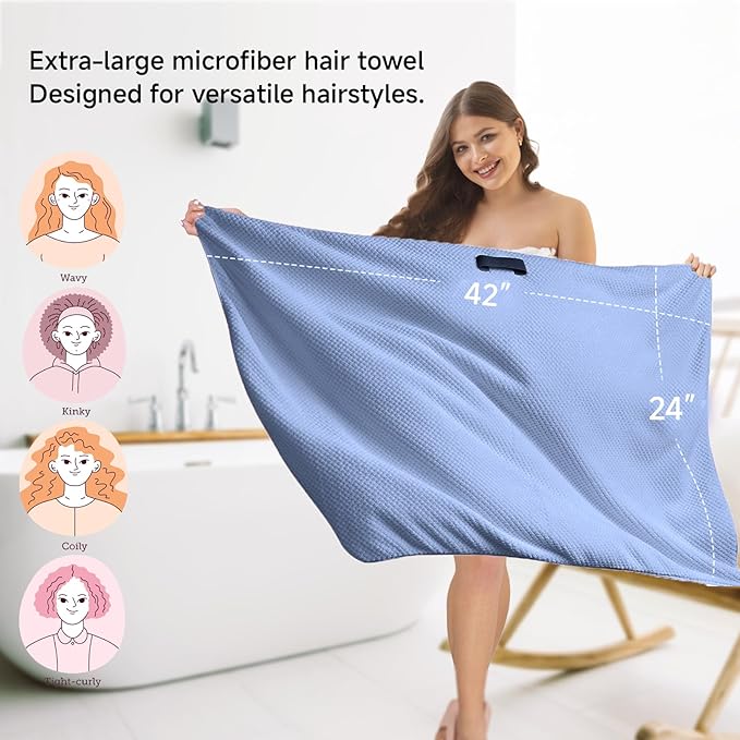 Large Microfiber Hair Towel for Women,Super Soft Anti Frizz & Quick Dry for Curly Hair,Ultra Absorbent Hair Wrap Towels for Long,Thick,Wet Hair 24x42 Inches (Blue)