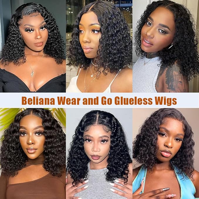 Wear and Go Glueless Bob Wig Human Hair Pre Plucked Pre Cut 180% Density 5x5 HD Transparent Lace Front Wigs Human Hair for Black Women Short Curly Bob Wigs No Glue Lace Closure Wigs 14 Inch