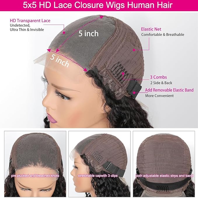 Manorshen 28 Inch 5x5 HD Lace Closure Wigs Human Hair Pre Plucked Deep Wave Human Hair Wigs for Black Women Glueless 180% Density Wet and Wavy Deep Curly Wig Natural Color with Baby Hair