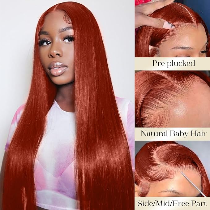 AMIRTY 250% Density Ginger Wig Human Hair 13X4 Reddish Brown HD Lace Front Wigs Human Hair Bleached Knots for Women 12A Straight Wigs Human Hair with Baby Hair32Inch