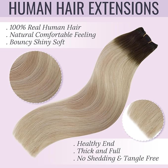 Fshine Hand Tied Weft Hair Extensions 16 Inch Ombre Hair Sew in Dark Brown Fading to Ash Brown and Blonde Weft Hair Extensions Real Human Hair Full Head 100 Gram