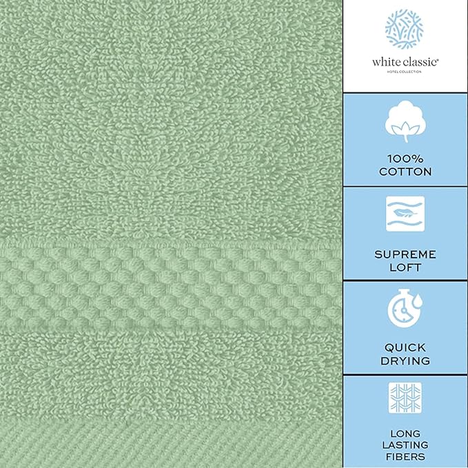 White Classic Luxury Cotton Washcloths 13x13 Inch - 650 GSM Turkish Cotton | Hotel, Spa, Bathroom Face Towel | 12 Pack, Light Green