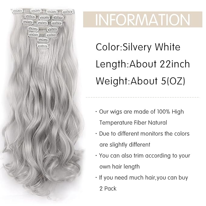 22 Inch Clip In Hair Extensions 7 PCS Long Wavy Synthetic Hair Extension & Natural Soft Invisible Clip Thick Hairpieces for Women Daily(20Inch, 7pcs, Silver Grey)