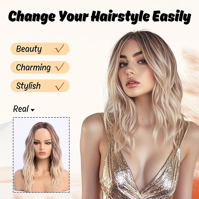 Medium Length Ombre Blonde Ash Wavy Wigs for Women 18 Inch Middle Part Wavy Blond Wig Natural Looking Dirty Blonde Synthetic Heat Resistant Fiber Dark Roots Wig for Daily Party Halloween