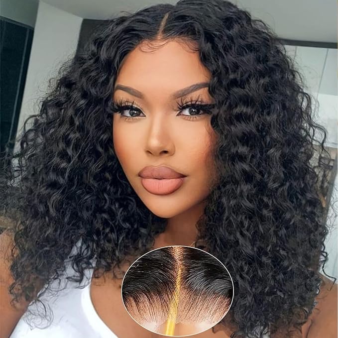 Wear and Go Glueless Bob Wig Human Hair Pre Plucked Pre Cut 180% Density 5x5 HD Transparent Lace Front Wigs Human Hair for Black Women Short Curly Bob Wigs No Glue Lace Closure Wigs 14 Inch