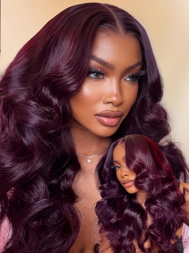 Sunber Black Cherry Layered Straight 13x4 Pre Cut Lace Front Wigs Human Hair Pre Everything Glueless Ready to Go Wig 180% Density Pre Plucked Pre Bleached Invisible Knots Burgundy Plum Straight 22Inch