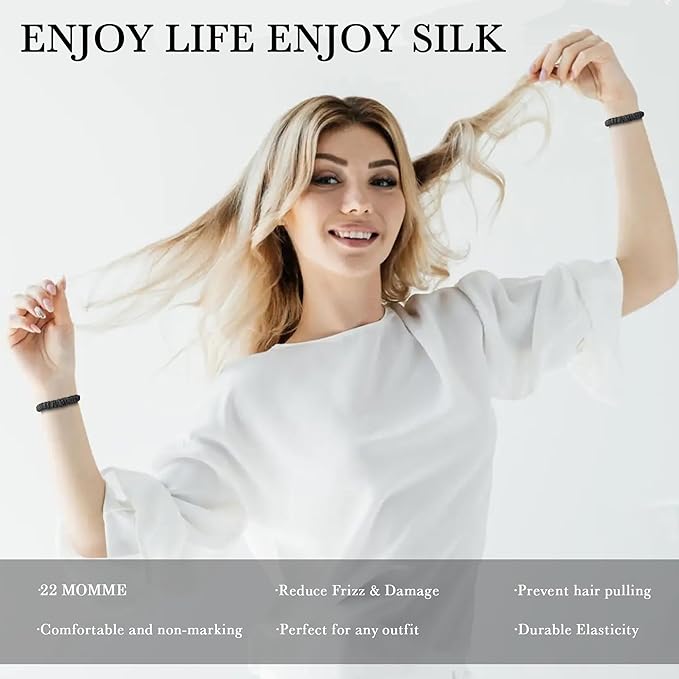 Mulberry Silk Hair Scrunchies – 8 Pack Soft & Smooth Pure Skinny Silk Scrunchies, Hair Ties for Women Girls, Elastic Ponytail Holders No Damage