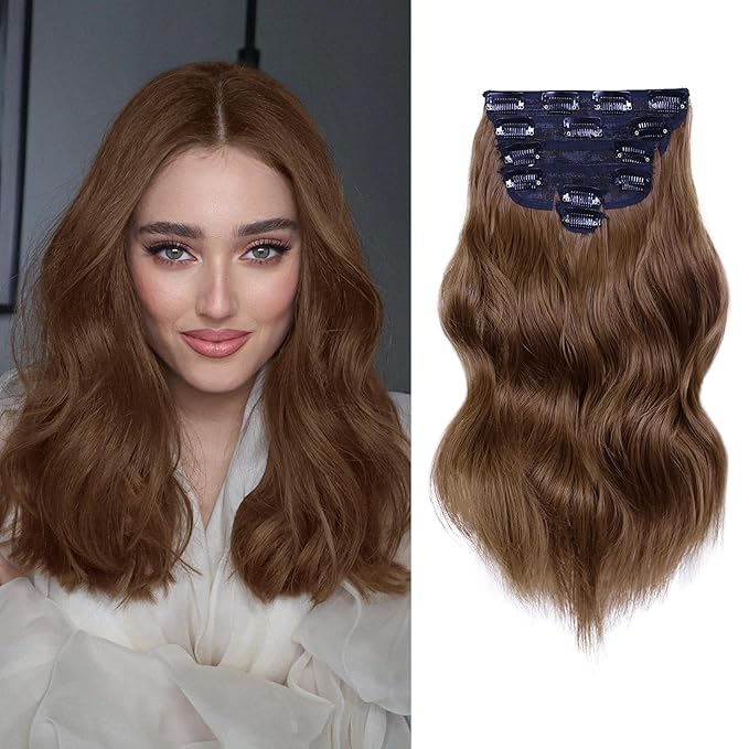 NAYOO Clip in Hair Extensions for Women 14 Inch Short Wavy Curly Chestnut Brown Hairpieces Full Head Synthetic Hair Hairpieces(6PCS,Chestnut Brown)