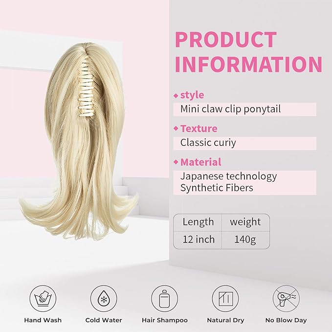 Ponytail Hair Extensions, 12 Inch Claw Clip Ponytail Hair Extensions for Women, Chin Clip Wigs, Soft Synthetic Wigs-Beach Blonde