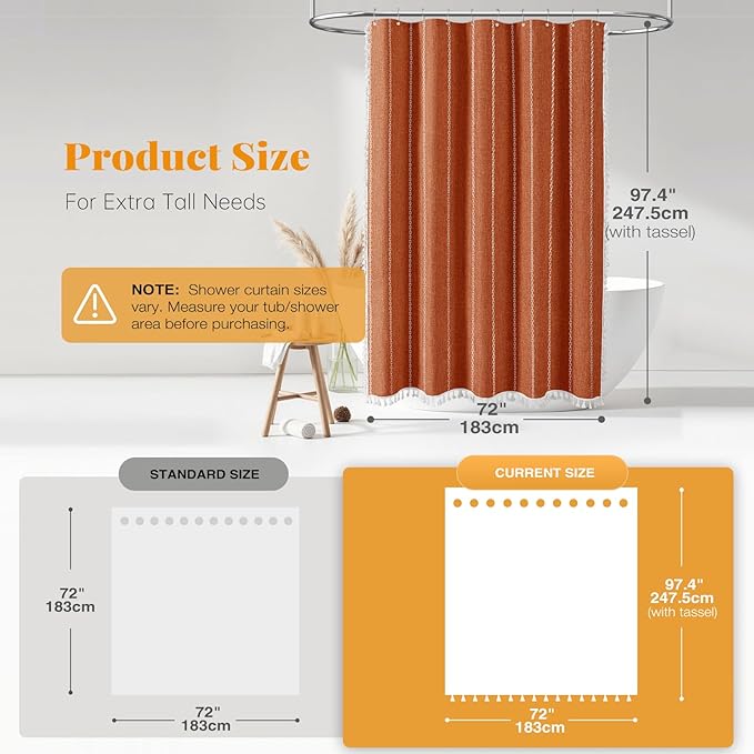BTTN Boho Farmhouse Shower Curtain - Linen Rustic Heavy Duty Striped Fabric Shower Curtain Set with Tassel, Bohemian Vintage Country Cloth Shower Curtains for Bathroom，Orange，72"W x 96"L (Pack of 1)