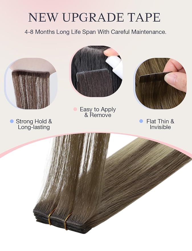 DOORES Invisi Edge Hair Extensions Real Human Hair Tape in, Ash Brown to Platinum Blonde 10 Injection Tape-ins with 10 Classic Tape-ins 50g 16 Inch, Injection Tape in Virgin Human