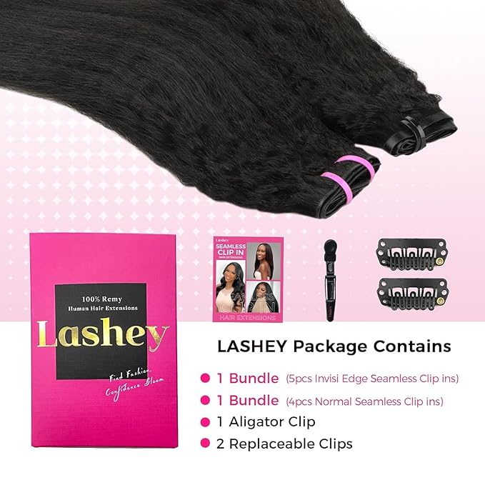 Lashey 5pcs Invisi Edge & 4pcs Seamless Clip in Hair Extensions Human Hair, 18 Inch 130g Real Human Hair Extensions Natural Black Kinky Straight Hair