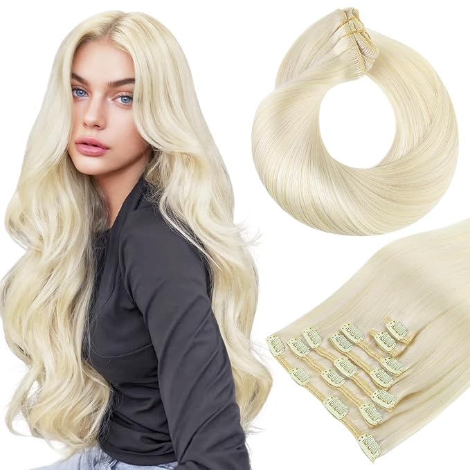 HOTBANANA Human Hair Clip in Hair Extensions, Ivory Blonde 120g Clip in Hair Extensions Real Human Hair Straight Remy Hair Clip Ins 18 Inch 7pcs